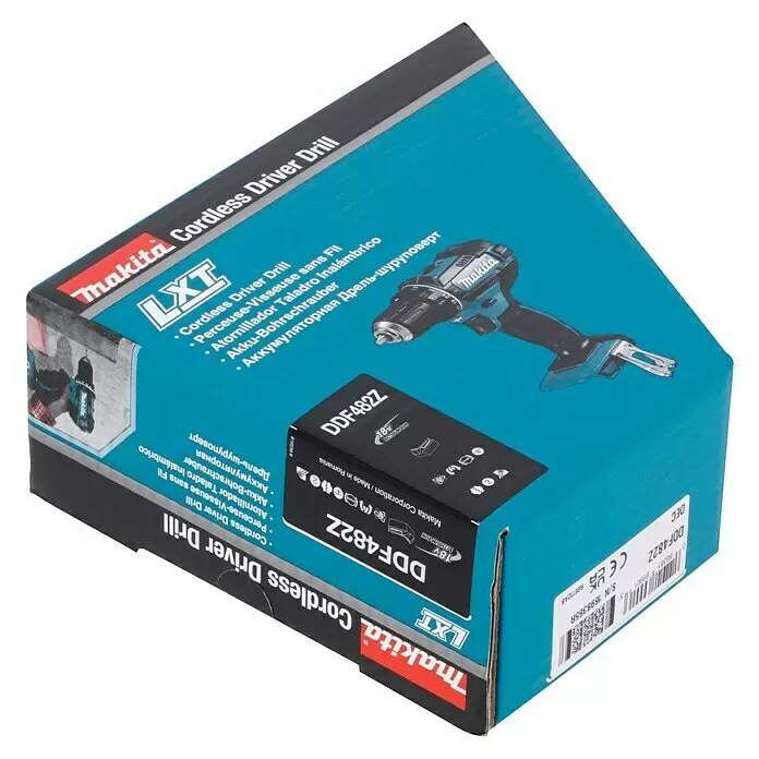 Makita LXT 18V Taladro atornillador de batería DDF482RFJ - 18 V, Sin batería - Caja de embalaje azul y negra de taladro atornillador inalámbrico Makita, con imagen del taladro y detalles.