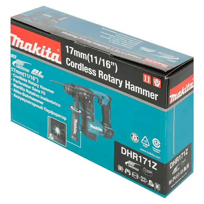 Makita LXT 18V Akku-Bohrhammer DHR171Z - 18 V, Ohne Akku, 1,2 J - Verpackung des Makita DHR171Z Akku-Bohrhammers, 17mm, mit Produktbild und technischen Details.