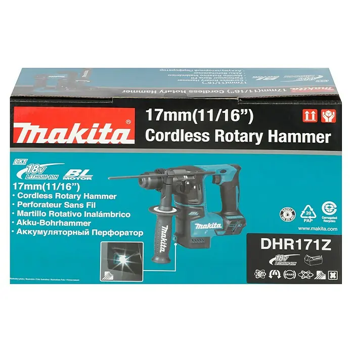 Makita LXT 18V Akku-Bohrhammer DHR171Z - 18 V, Ohne Akku, 1,2 J - Abbildung einer Makita DHR171Z 18V Akku-Rotationshammer-Box mit Produktdetails und Logos auf blauem Hintergrund.