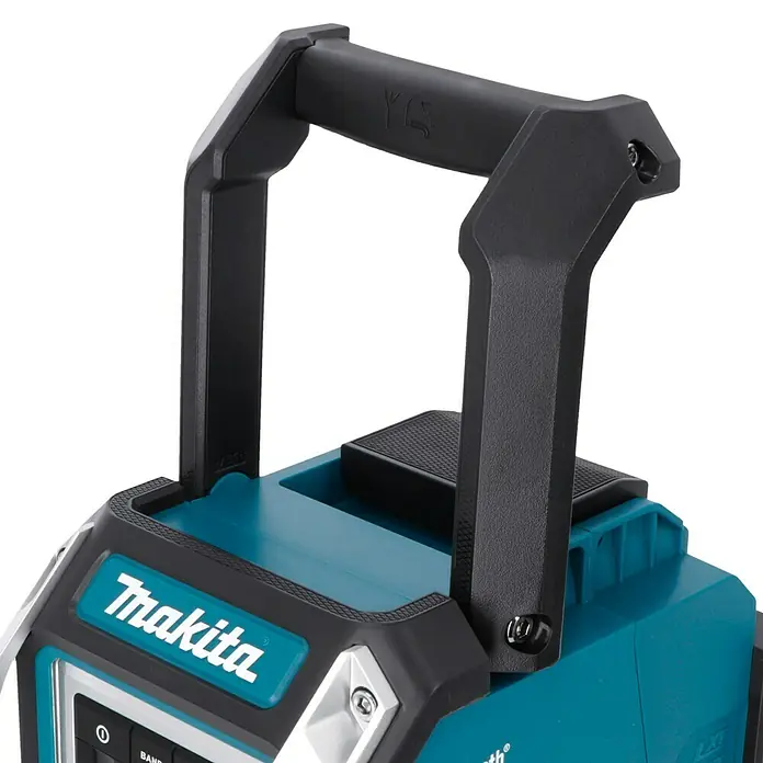 Makita LXT 18V Akku-Baustellenradio DMR115 - 18 V, Ohne Akku, Frequenz: 174.928 - 239.200 MHz (DAB/DAB+) - Bild eines Makita-Baustellenradios mit robustem Tragegriff und intuitiven Bedienelementen für den professionellen Einsatz.