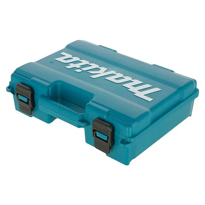Makita CXT 12V max. Akku-Bohrschrauber DF333DSAE - 12 V, 2 Akkus, 2 Ah, 30 Nm - Eine türkisfarbene Makita Werkzeugkiste mit dem Makita-Logo in Weiß. Ideal zum Aufbewahren und Transportieren von Werkzeugen und Zubehör.
