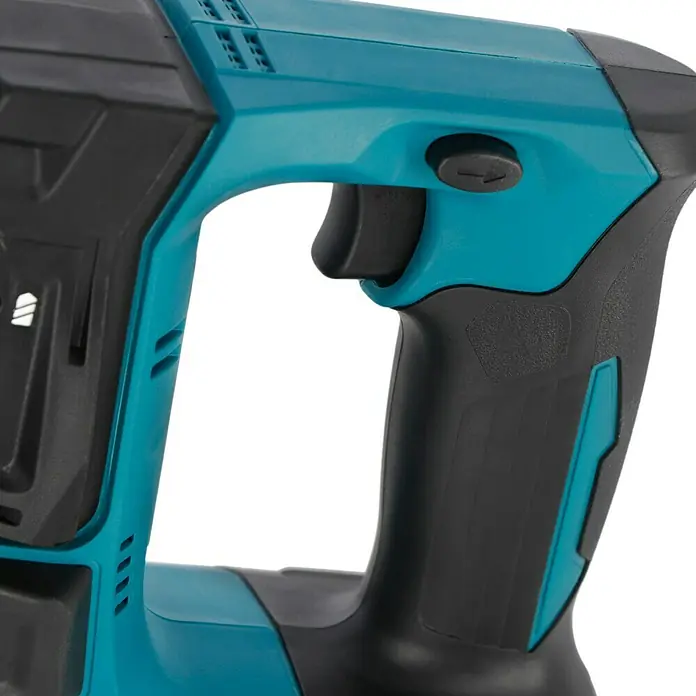 Makita LXT 18V Akku-Bohrhammer DHR171Z - 18 V, Ohne Akku, 1,2 J - Detailaufnahme eines Akku-Bohrhammers in Türkis und Schwarz, Fokus auf Griff und Bedienelemente.