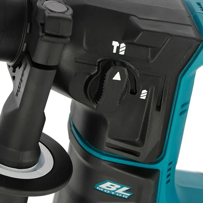 Makita LXT 18V Akku-Bohrhammer DHR171Z - 18 V, Ohne Akku, 1,2 J - Nahaufnahme einer Makita Akku-Bohrmaschine mit Drehschalter zur Modusauswahl.