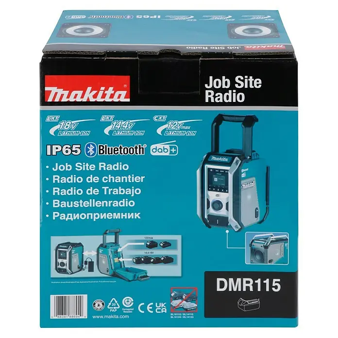 Makita LXT 18V Akku-Baustellenradio DMR115 - 18 V, Ohne Akku, Frequenz: 174.928 - 239.200 MHz (DAB/DAB+) - Kartonverpackung des Makita DMR115 Job Site Radios, robust, Bluetooth-fähig & IP65-zertifiziert. Ideal für Baustellen.
