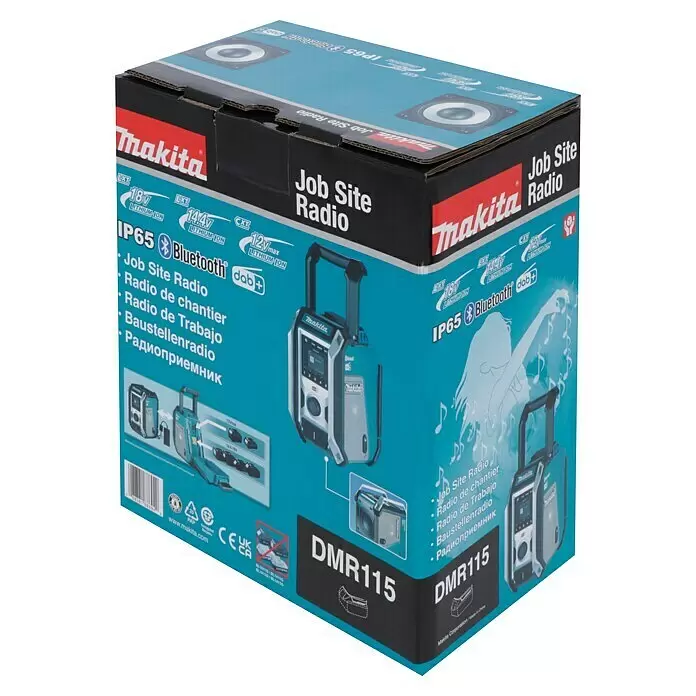 Makita LXT 18V Radio de batería para la obra DMR115 - 18 V, Sin batería, Frecuencia: 174.928 - 239.200 MHz (DAB/DAB+) - Caja radio de obra Makita DMR115, negra y azul-verde, mostrando funciones como IP65, Bluetooth, DAB+ y compatibilidad de batería.
