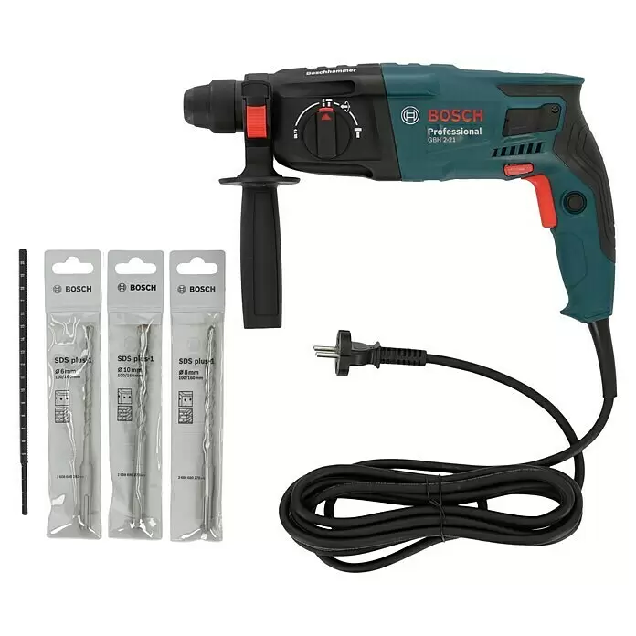 Bosch Professional Martillo combinado GBH 2-21 - 720 W, 2 J, Alojamiento SDS-Plus, Incluye 3 brocas SDS-Plus y maletín - Taladro percutor Bosch Professional GBH 2-21 azul verdoso y negro, con tres brocas SDS plus-1 (6, 8, 10mm), un tope de profundidad y cable.
