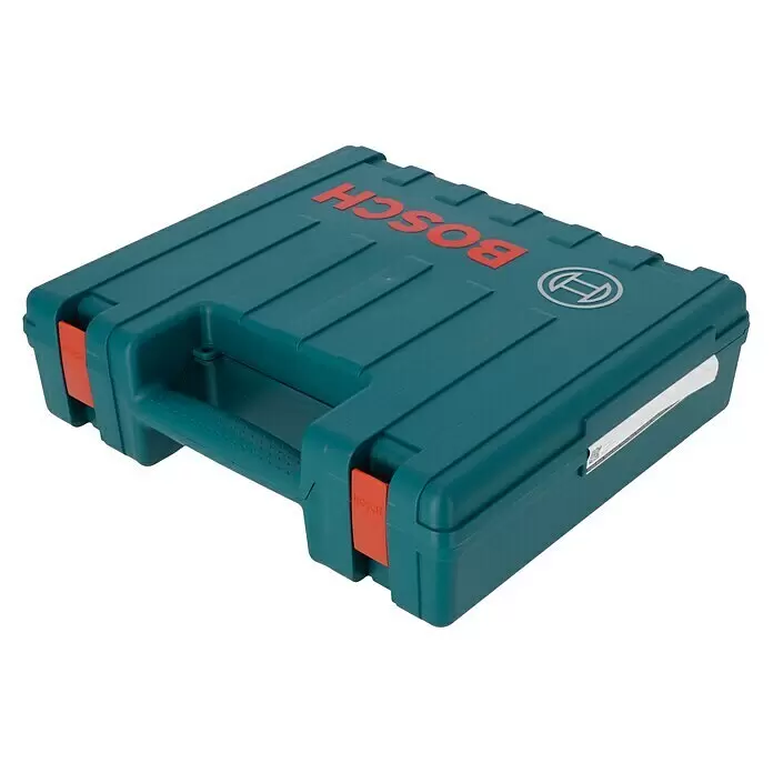 Bosch Professional Martillo combinado GBH 2-21 - 720 W, 2 J, Alojamiento SDS-Plus, Incluye 3 brocas SDS-Plus y maletín - Maleta de herramientas Bosch verde petróleo oscuro con cierres naranjas, marca y logo Bosch rojos, para guardar herramientas.