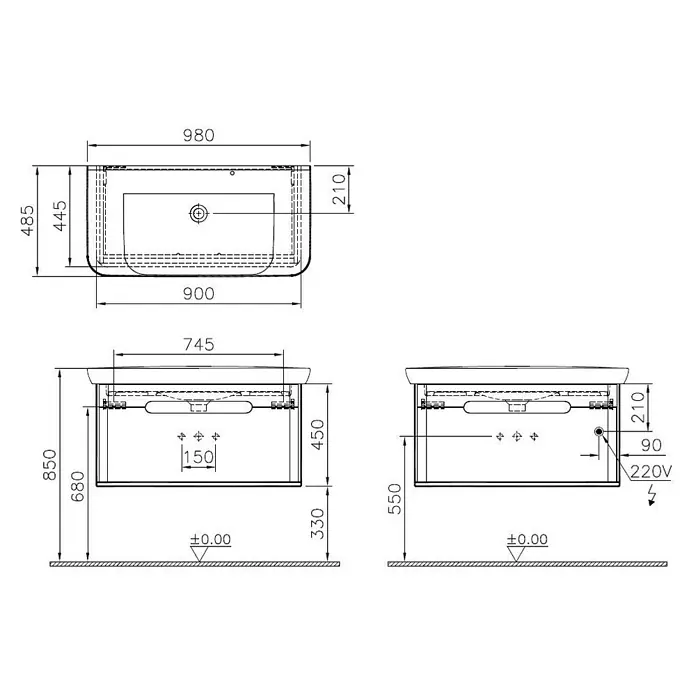 VitrA Sento Badmöbel-Set - Gesamtbreite Badmöbel: 98 cm, Weiß, Matt - Eine detaillierte Zeichnung eines Waschbeckens mit verschiedenen Maßangaben.