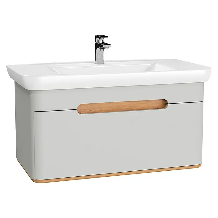 VitrA Sento Badmöbel-Set - 98 cm, Hellgrau, Griffmulde - Elegantes Waschbecken mit Unterschrank in Grau und Holzdetails. Perfekt für moderne Badezimmer.
