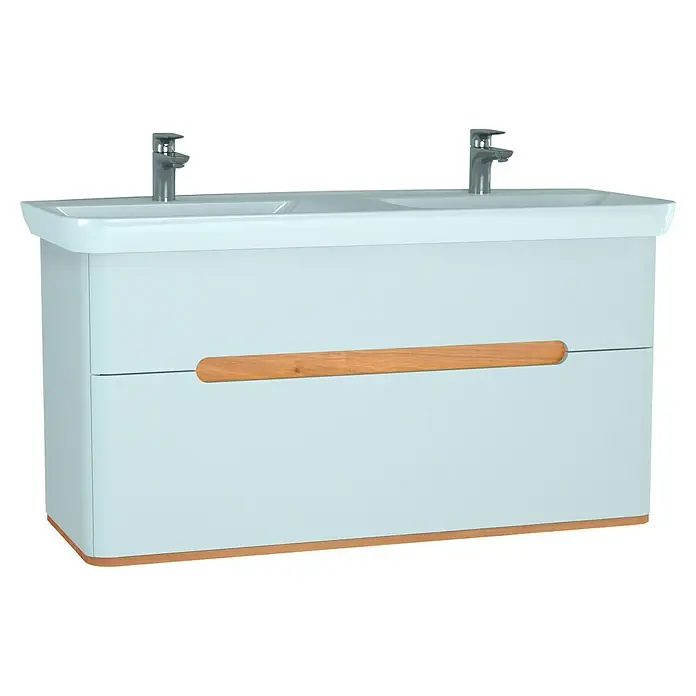 VitrA Sento Badmöbel-Set - Gesamtbreite Badmöbel: 130 cm, Weiß, Matt - Ein moderner Waschtischunterschrank mit zwei Becken, hellblauer Front und einem Griff aus hellem Holz.