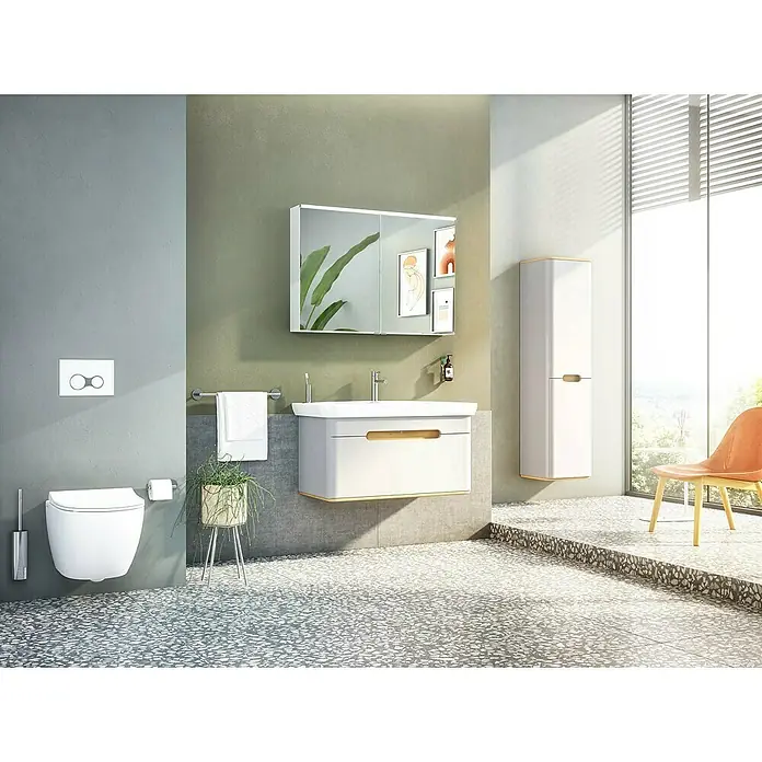 VitrA Sento Badmöbel-Set - 98 cm, Hellgrau, Griffmulde - Ein modernes Badezimmer mit einem eleganten Waschtisch, einem Spiegel und einem WC. Das Design ist minimalistisch und stilvoll.