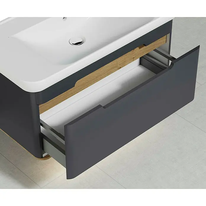 VitrA Sento Badmöbel-Set - 98 cm, Anthrazit, 1 Schublade, Ohne Wäschekorb - Modernes Waschbecken mit offenem Schubladenfach in Grau und Holzoptik für stilvolle Badezimmerdesigns.