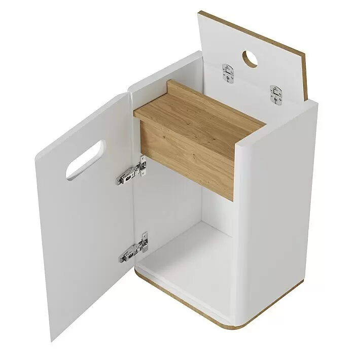 VitrA Sento Halbhochschrank - B x T x H: 40 x 29,5 x 58 cm, Weiß, DIN Anschlag: Links - Weißer und naturholzfarbener Aufbewahrungsschrank mit offener Seitentür und aufklappbarer Oberseite, mit integriertem Holzregal.