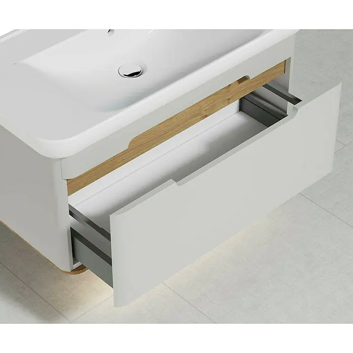 VitrA Sento Badmöbel-Set - 98 cm, Hellgrau, Griffmulde - Moderne Badezimmereinheit mit Waschbecken und offenem Schubladensystem. Das Möbelstück bietet viel Stauraum und eine stilvolle Optik.