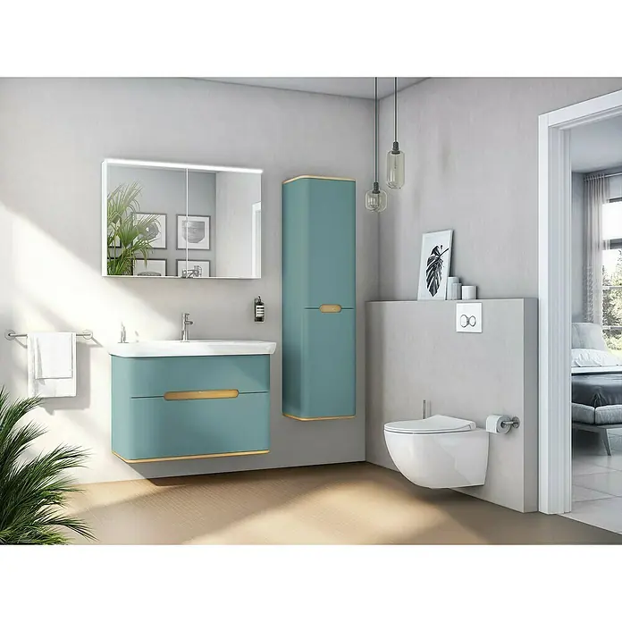 VitrA Sento Badmöbel-Set - 98 cm, Fjordgrün, 2 Schubladen - Helles Badezimmer mit türkisfarbenem Waschtisch, Spiegelschrank und Hänge-WC. Die passende Hochschrank-Kombination sorgt für Stauraum.