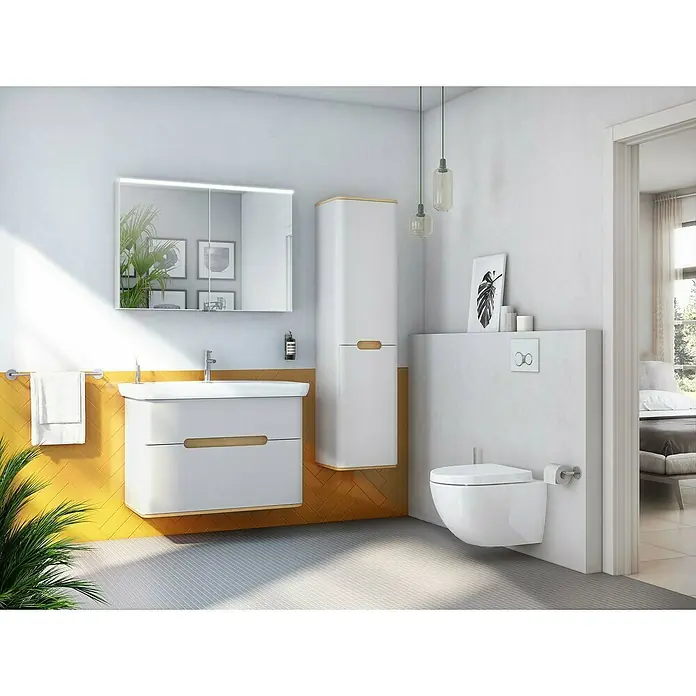 VitrA Sento Badmöbel-Set - 98 cm, Hellgrau, 2 Schubladen - Modernes Badezimmer-Interieur mit weißem Waschtischunterschrank, Hängeschrank und wandhängendem WC, akzentuiert durch gelbe Fliesen.