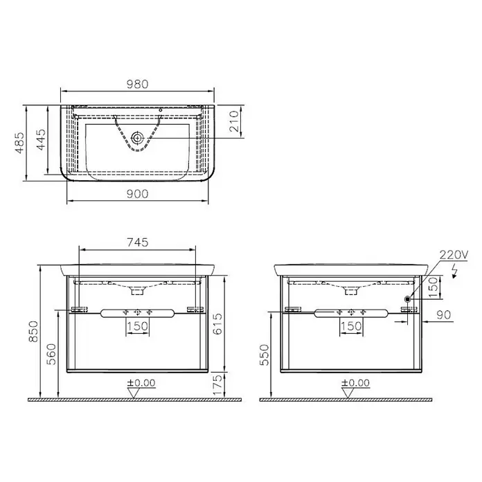 VitrA Sento Badmöbel-Set - 98 cm, Anthrazit, 2 Schubladen, Mit Wäschekorb - Abbildung eines Waschtischunterschranks mit Bemaßung für die Installation, inklusive Frontansicht und Seitenansichten mit Elektroanschluss.