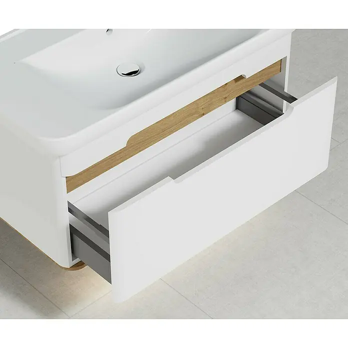 VitrA Sento Badmöbel-Set - Gesamtbreite Badmöbel: 98 cm, Weiß, Matt - Bild einer modernen Waschtischkombination mit offenem Schubfach, das das schlichte Design und die Funktionalität des Produkts hervorhebt.
