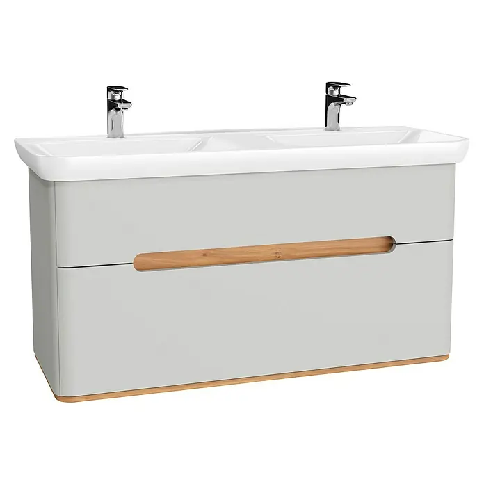 VitrA Sento Badmöbel-Set - 130 cm, Hellgrau, Ohne Wäschekorb - Ein moderner Doppelwaschtischunterschrank in Grau mit Holzgriffen und Aufsatzwaschbecken. Elegantes Design für Badezimmer.