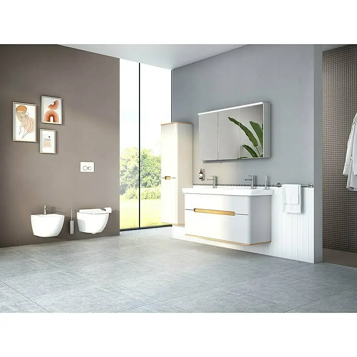 VitrA Sento Badmöbel-Set - Gesamtbreite Badmöbel: 130 cm, Hellgrau, Matt - Ein modernes Badezimmer mit grauen Wänden, einer Waschtischkombination mit Spiegel und einem wandhängenden WC mit Bidet für Komfort.