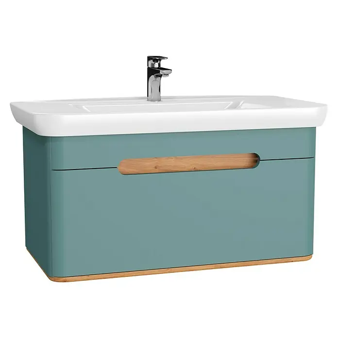 VitrA Sento Badmöbel-Set - 98 cm, Fjordgrün, Griffmulde - Der Waschbeckenunterschrank mit einem Holzgriff und einer weißen Keramikspüle ist eine moderne Badlösung.