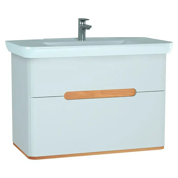 VitrA Sento Badmöbel-Set - 98 cm, Weiß, 2 Schubladen - Modernes Waschbecken mit Unterschrank und Holzgriffen. Das Waschbecken hat eine sanfte Form und die Kombination mit den Holzgriffen wirkt edel.
