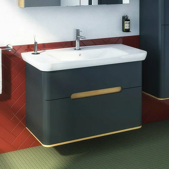 VitrA Sento Badmöbel-Set - 98 cm, Anthrazit, 2 Schubladen, Ohne Wäschekorb - Modernes Badezimmerwaschbecken mit Unterschrank in Anthrazit und Holzakzenten. Stilvolles Design für ein elegantes Badezimmer.