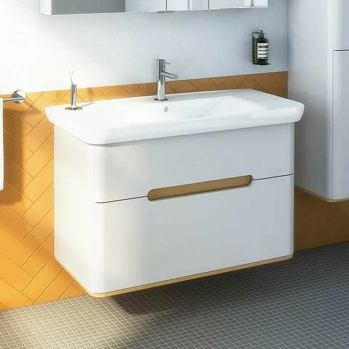 VitrA Sento Badmöbel-Set - 98 cm, Hellgrau, 2 Schubladen, Mit Wäschekorb - Weißer Waschtischunterschrank mit Schubladen und Holzgriffen, ein modernes Möbelstück für das Badezimmer.