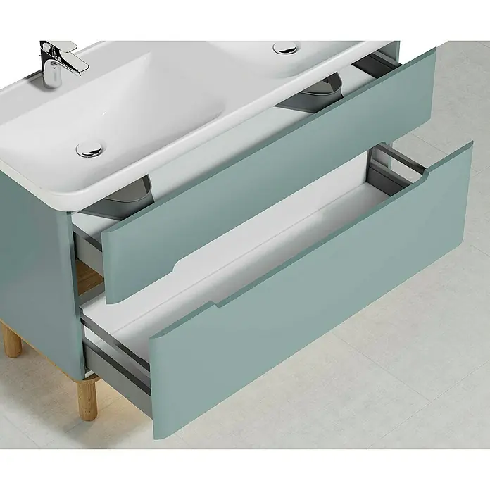 VitrA Sento Badmöbel-Set - Gesamtbreite Badmöbel: 130 cm, Fjordgrün, Matt - Waschbeckenunterschrank mit zwei Schubladen in hellblau.