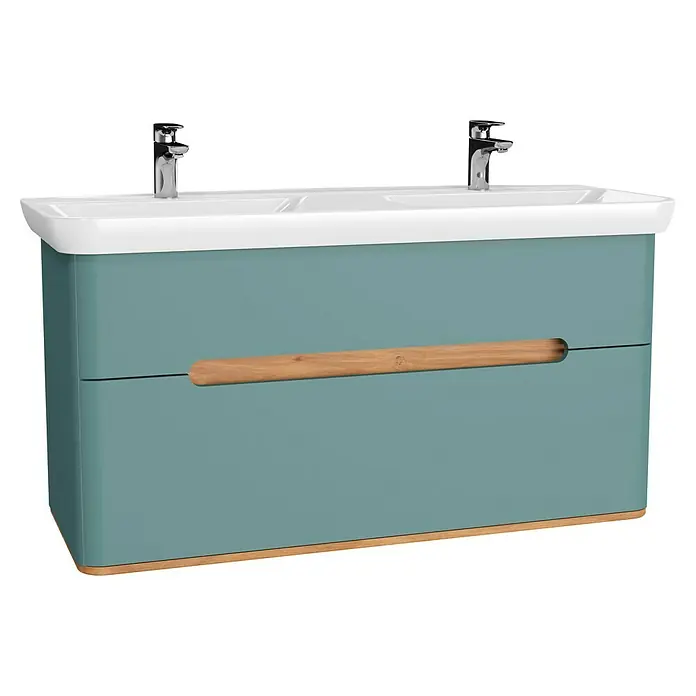 VitrA Sento Badmöbel-Set - Gesamtbreite Badmöbel: 130 cm, Fjordgrün, Matt - Ein moderner Waschtisch mit zwei Waschbecken und einer bläulich-grünen Unterschrank mit Holzdetails. Die Armaturen sind aus Chrom.