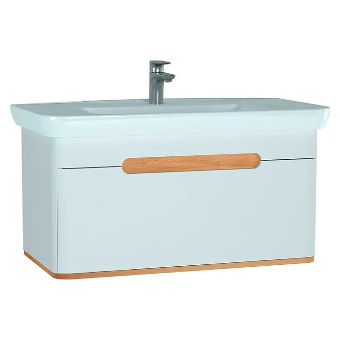 VitrA Sento Badmöbel-Set - Gesamtbreite Badmöbel: 98 cm, Weiß, Matt - Elegantes Waschbecken mit Unterschrank in Weiß mit Holzdetails. Das schlichte Design passt perfekt in moderne Badezimmer.