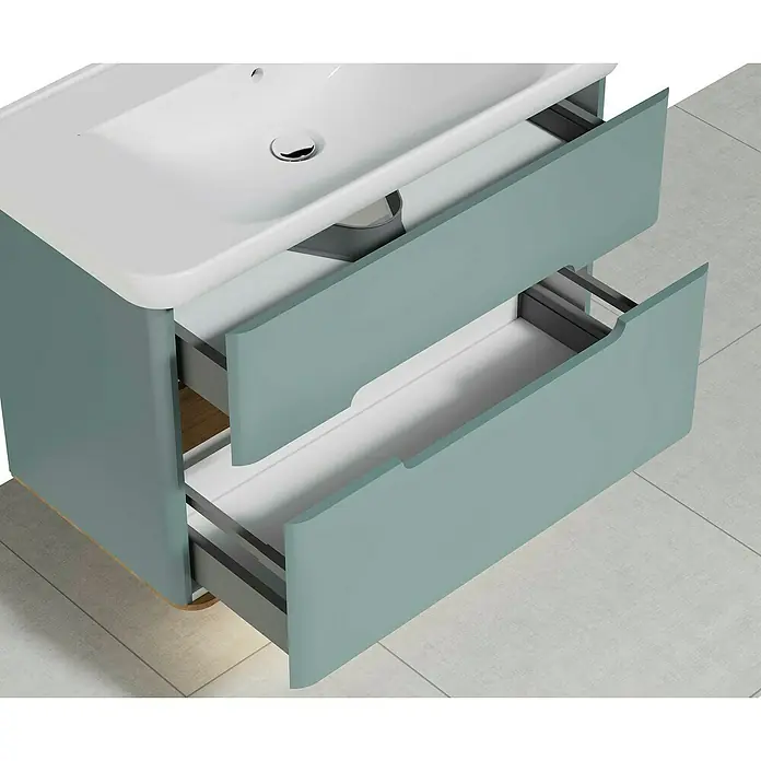 VitrA Sento Badmöbel-Set - 98 cm, Fjordgrün, 2 Schubladen - Moderne Waschtischunterschrank-Kombination in hellem Türkis mit zwei offenen Schubladen für einen stilvollen Badezimmerlook.