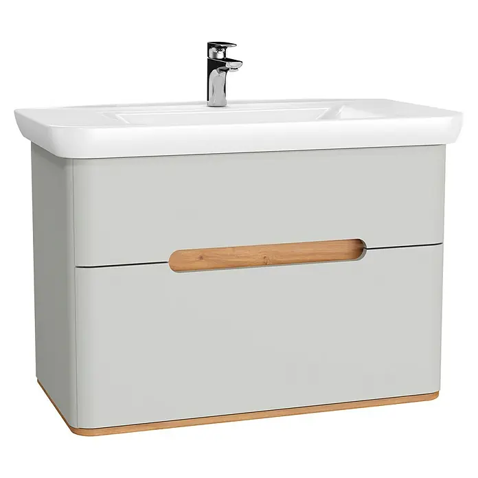 VitrA Sento Badmöbel-Set - 98 cm, Hellgrau, 2 Schubladen, Mit Wäschekorb - Eleganter Waschtischunterschrank in Grau mit Holzdetails und einem modernen Chrom-Wasserhahn. Ideal für stilvolle Badezimmer.