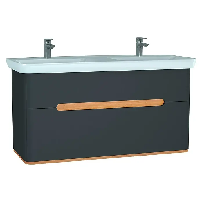 VitrA Sento Badmöbel-Set - 130 cm, Anthrazit, Mit Wäschekorb - Moderne Waschtischkombination mit weißem Aufsatzwaschbecken, grauen Unterschränken und Griffen in Holzoptik für ein stilvolles Badezimmer.