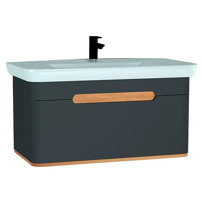 VitrA Sento Badmöbel-Set - 98 cm, Anthrazit, 1 Schublade, Ohne Wäschekorb - Elegantes graues Waschbeckenunterschrank mit Holzdetails und einem weißen Waschbeckenaufsatz.