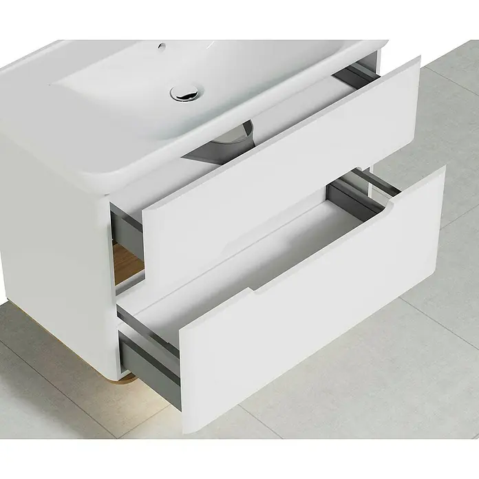 VitrA Sento Badmöbel-Set - 98 cm, Weiß, 2 Schubladen - Ein moderner, weißer Waschtischunterschrank mit zwei offenen Schubladen und einem integrierten Waschbecken.