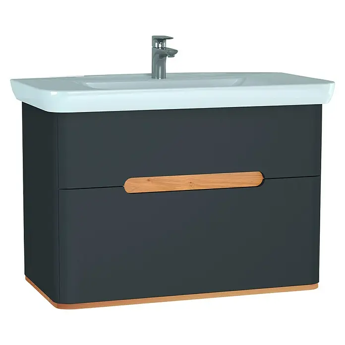 VitrA Sento Badmöbel-Set - 98 cm, Anthrazit, 2 Schubladen, Ohne Wäschekorb - Badezimmermöbel mit Unterschrank in Anthrazit, weißem Waschbecken und Holzgriffen für ein stilvolles und modernes Ambiente im Bad.