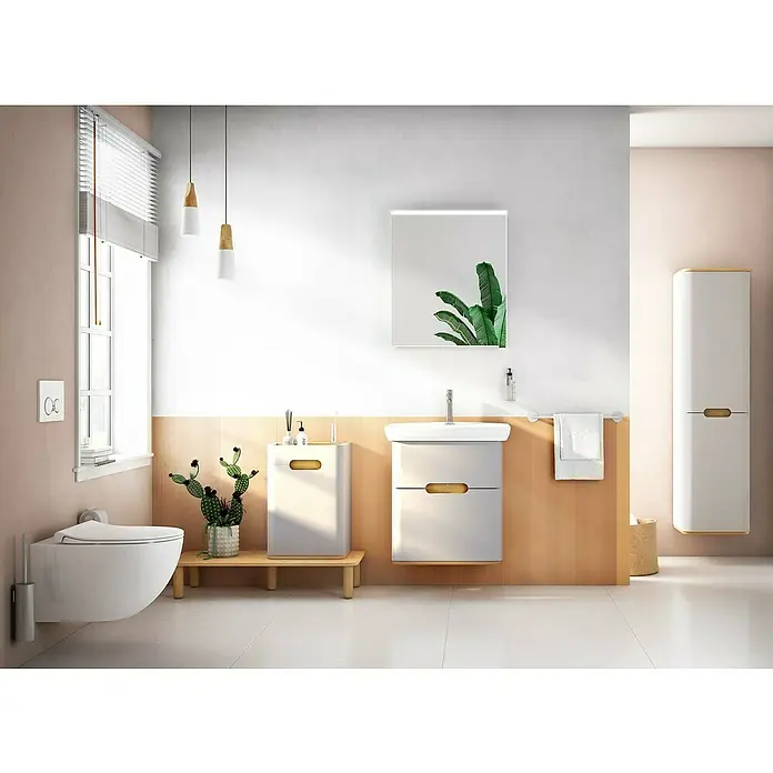 VitrA Sento Halbhochschrank - B x T x H: 40 x 29,5 x 58 cm, Hellgrau, DIN Anschlag: Links - Badezimmer mit modernen Sanitärobjekten in Weiß und Holzakzenten, minimalistischem Design und Pflanzendekoration.