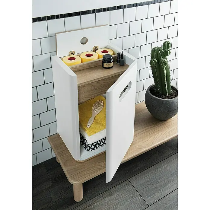 VitrA Sento Halbhochschrank - B x T x H: 40 x 29,5 x 58 cm, Weiß, DIN Anschlag: Rechts - Badezimmerschrank aus Holz mit weißen Akzenten, ideal zur Aufbewahrung von Handtüchern und Hygieneartikeln. Dekorative und praktische Ergänzung.