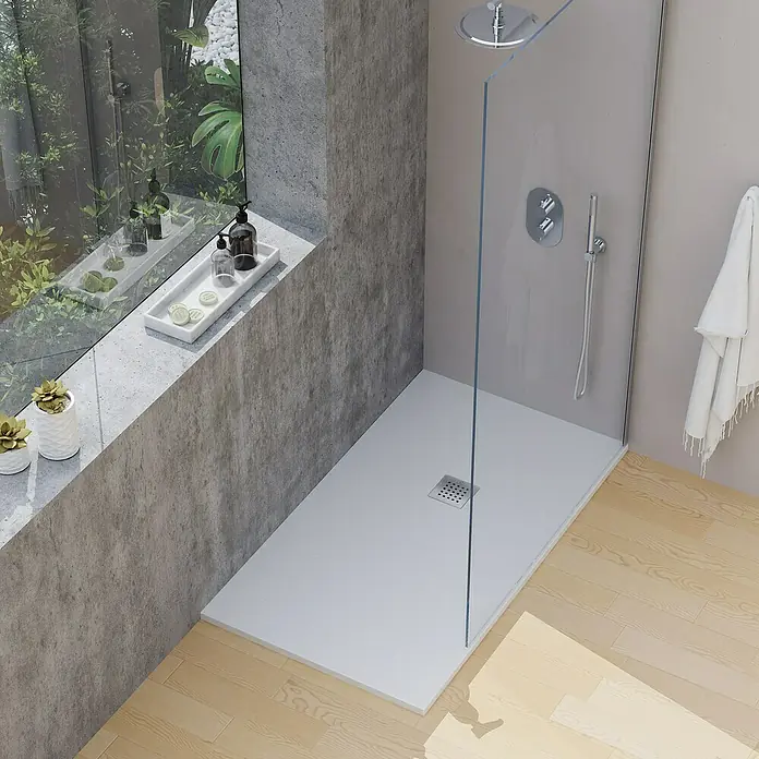 Camargue Duschwanne BrooklynL x B: 180 x 80 cm, Mineralguss, Weiß - Ein modernes Badezimmer mit ebenerdiger Dusche und stilvollem Duschkopf. Helles Design mit Holzboden und Betonakzenten.