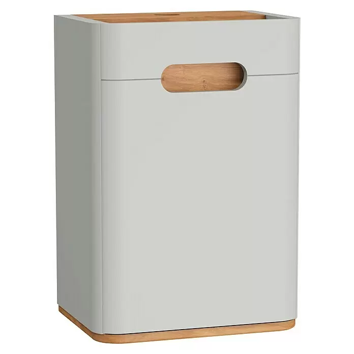 VitrA Sento Halbhochschrank - B x T x H: 40 x 29,5 x 58 cm, Hellgrau, DIN Anschlag: Links - Hellgrauer Wäschesammler mit Holzplatte, -sockel und integriertem Griff.