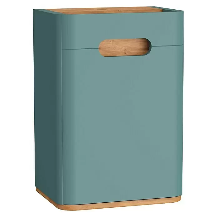 VitrA Sento Halbhochschrank - B x T x H: 40 x 29,5 x 58 cm, Fjordgrün, DIN Anschlag: Rechts - Hellblau-grauer Wäschekorb mit abgerundeten Ecken, Holzdeckel, Holzfuß und integriertem Griff.