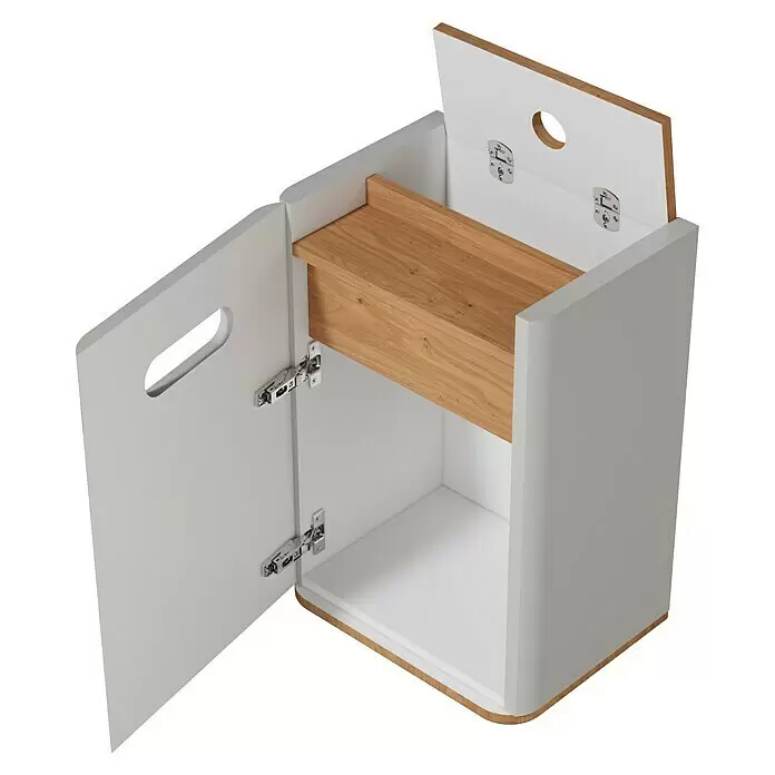 VitrA Sento Halbhochschrank - B x T x H: 40 x 29,5 x 58 cm, Hellgrau, DIN Anschlag: Links - Weißer Aufbewahrungsschrank mit offener Seitentür und Deckelklappe, mit einer natürlichen Holzablage und Basis.