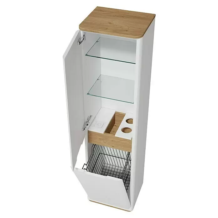 VitrA Sento Hochschrank - B x T x H: 40 x 35 x 157,5 cm, Weiß, Mit Wäschekorb, DIN Anschlag: Links - Weißer Hochschrank mit Holzplatte, Glasböden, integrierter Steckdose, Fönhalter und ausziehbarem Wäschekorb.