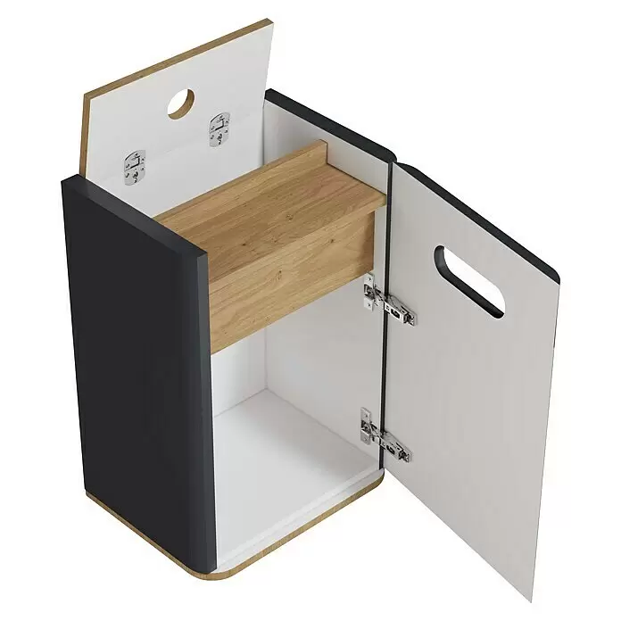 VitrA Sento Halbhochschrank - B x T x H: 40 x 29,5 x 58 cm, Anthrazit, DIN Anschlag: Rechts - Geöffnete dunkelgrau-weiße Aufbewahrungseinheit mit Eichenoptik-Platte und Einlegeboden, mit Scharnieren und Grifflöchern.