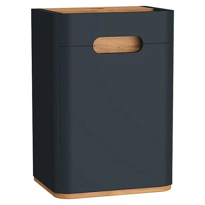 VitrA Sento Halbhochschrank - B x T x H: 40 x 29,5 x 58 cm, Anthrazit, DIN Anschlag: Rechts - Hoher dunkelgrauer Eimer mit heller Holzplatte, Basis und ausgeschnittenem Griff.