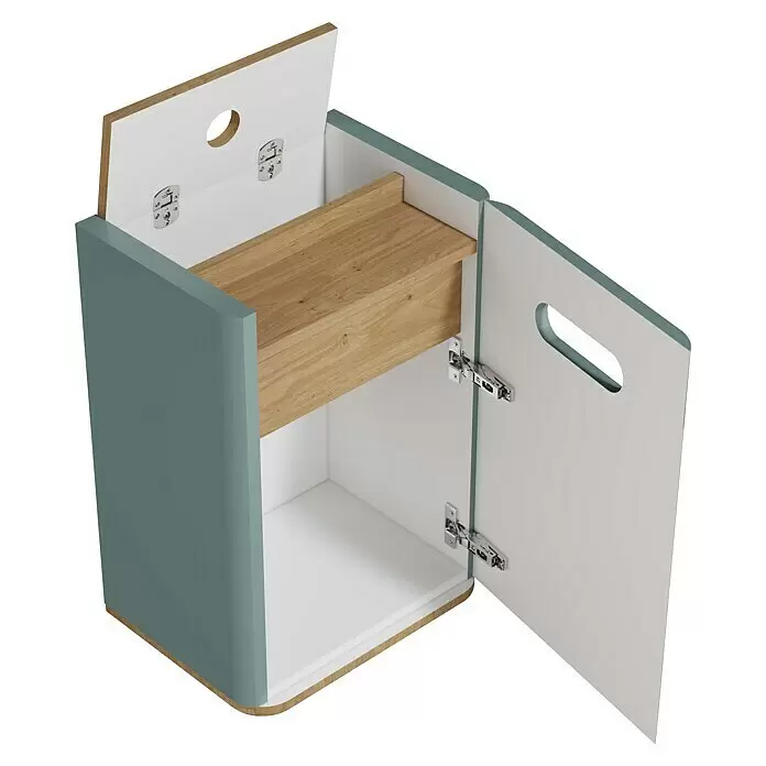 VitrA Sento Halbhochschrank - B x T x H: 40 x 29,5 x 58 cm, Fjordgrün, DIN Anschlag: Rechts - Hellblaues Aufbewahrungsmöbel mit offener weißer Klappe und Tür, zeigt Holzregal und weißen Innenraum.
