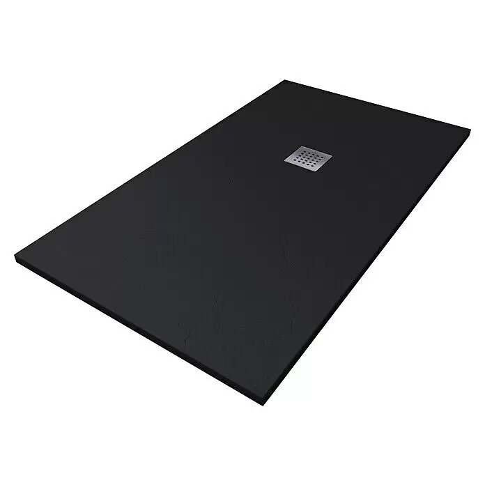 Camargue Duschwanne Brooklyn - L x B: 160 x 90 cm, Mineralguss, Schwarz - Schwarze texturierte Duschwanne mit quadratischem Metallablauf.