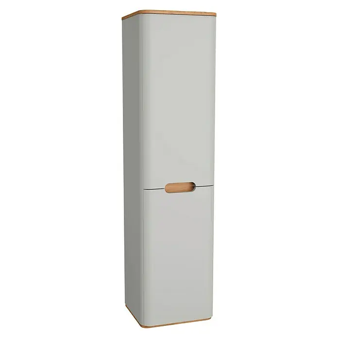 VitrA Sento Badmöbel-Set - 130 cm, Hellgrau, Mit Wäschekorb - Abgebildeter, schmaler Badezimmerschrank in Grau mit zwei Türen und hellbraunen Akzenten an Ober- und Unterseite sowie am Griff.