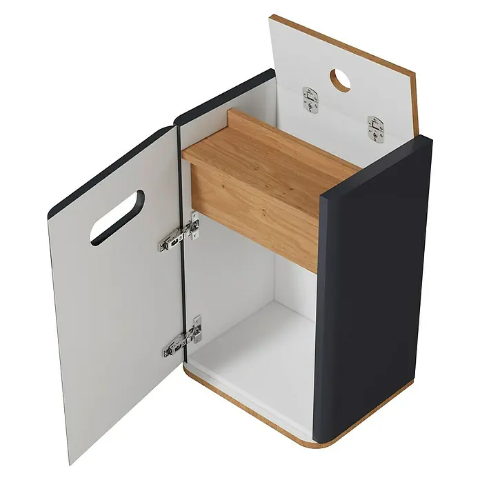 VitrA Sento Halbhochschrank - B x T x H: 40 x 29,5 x 58 cm, Anthrazit, DIN Anschlag: Links - Ein offener grauer Nachttisch mit weißer Innenausstattung und einer Schublade aus Holz. Der Nachttisch hat eine offene Tür.